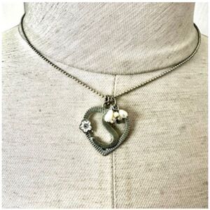 Silver tone freshwater Pearl S monogram heart pendant necklace